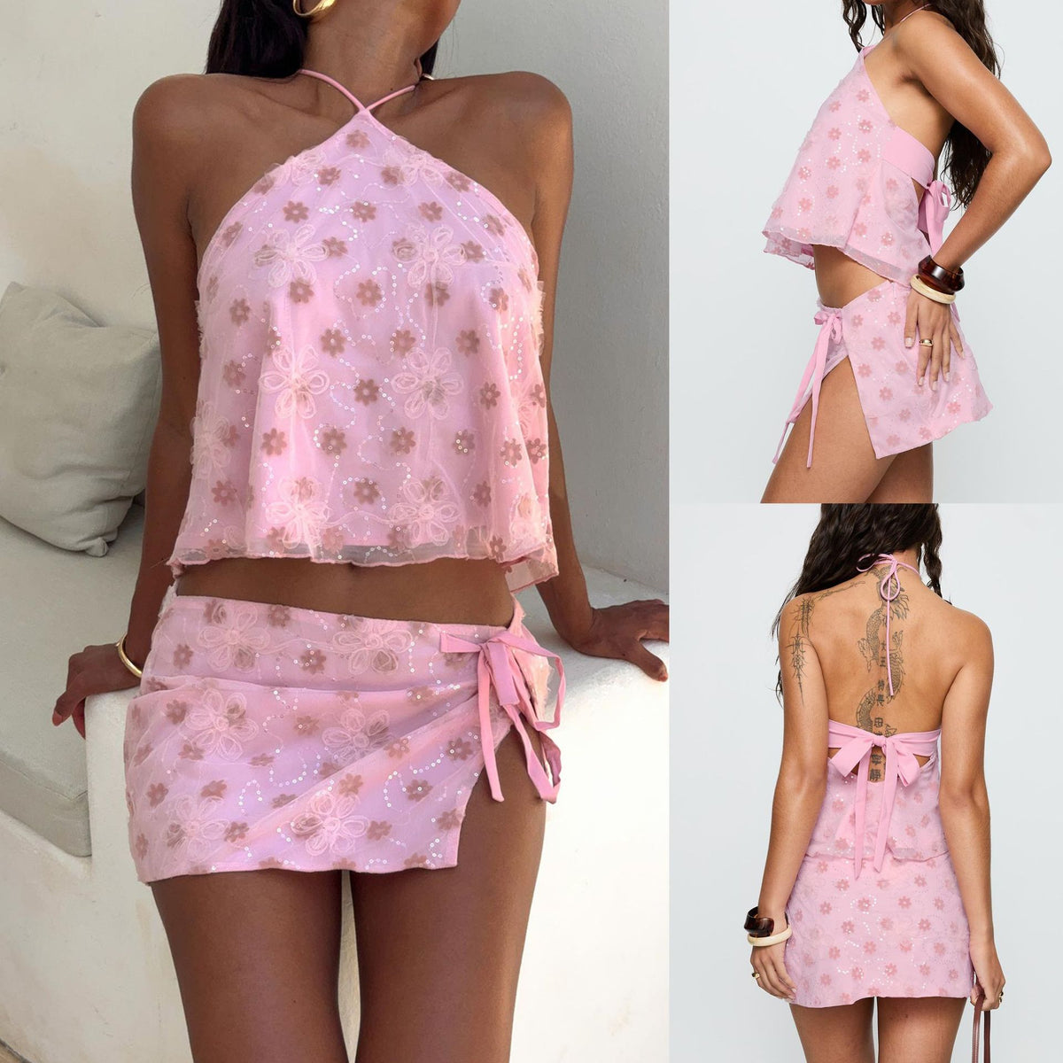 Halter-neck Lace-up Cropped Top And Slit Tie-front Mini Skirt Set