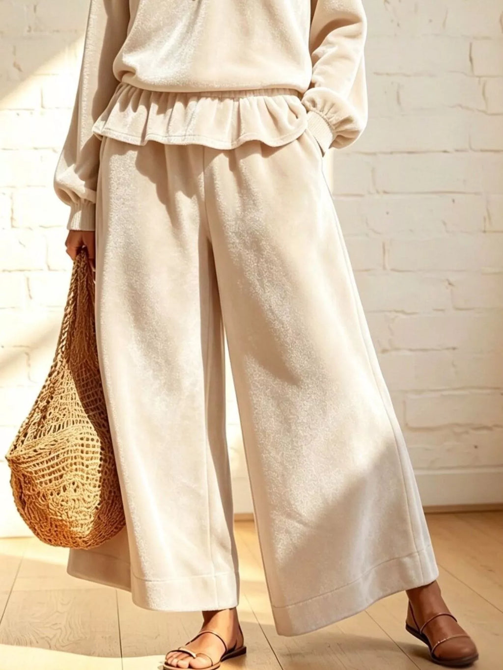 Women's Velvet Peplum Top and Wide-Leg Pants Set - Beige