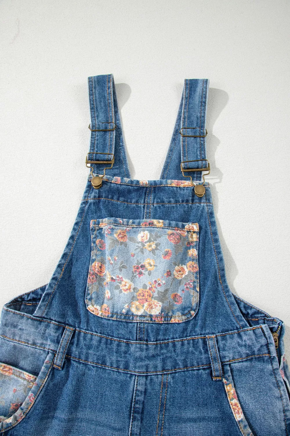 Women's Dusty Blue Vintage Rose Printed Pleated Loose Denim Overall - Dusty Blue