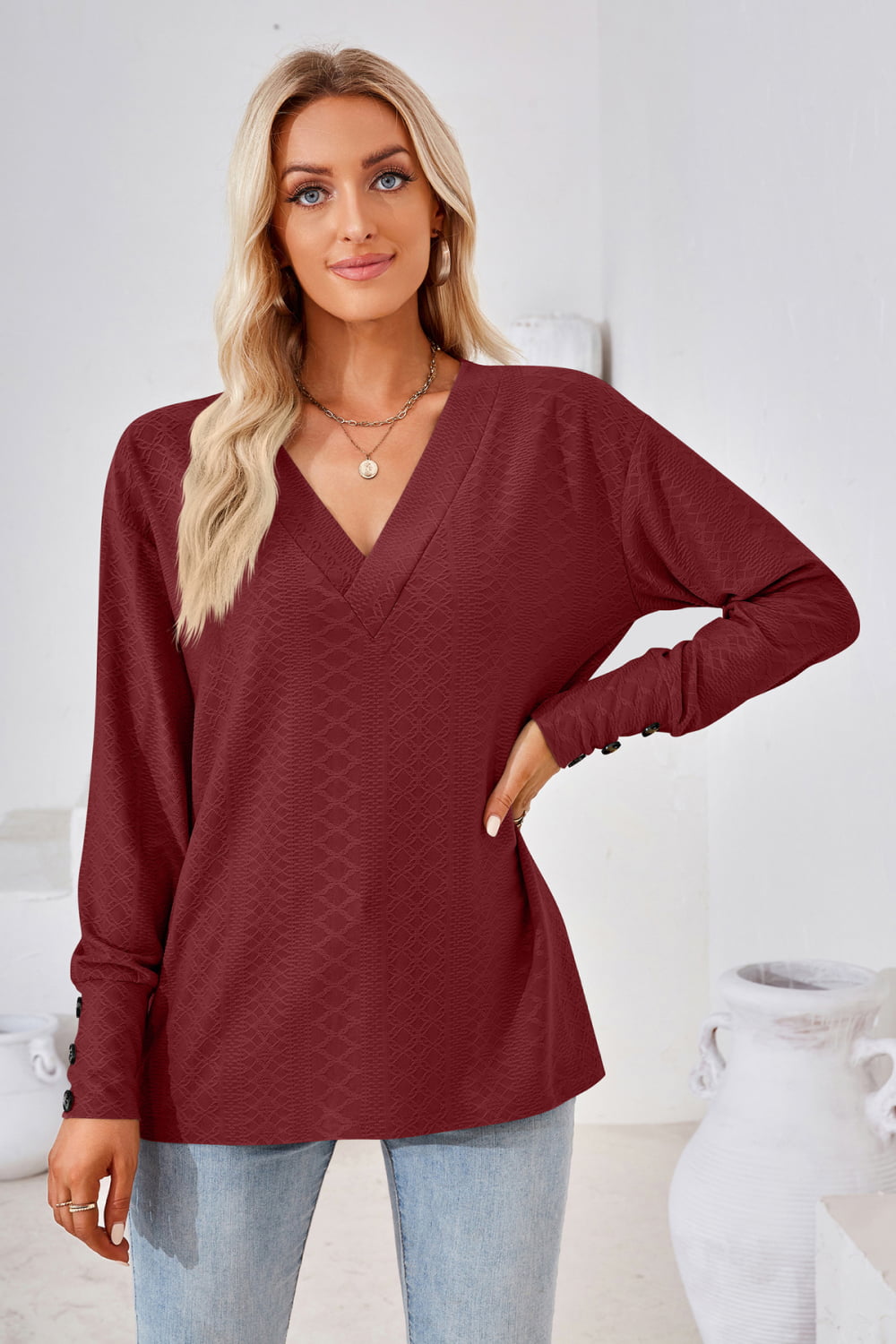 Women's V-Neck Long Sleeve Blouse