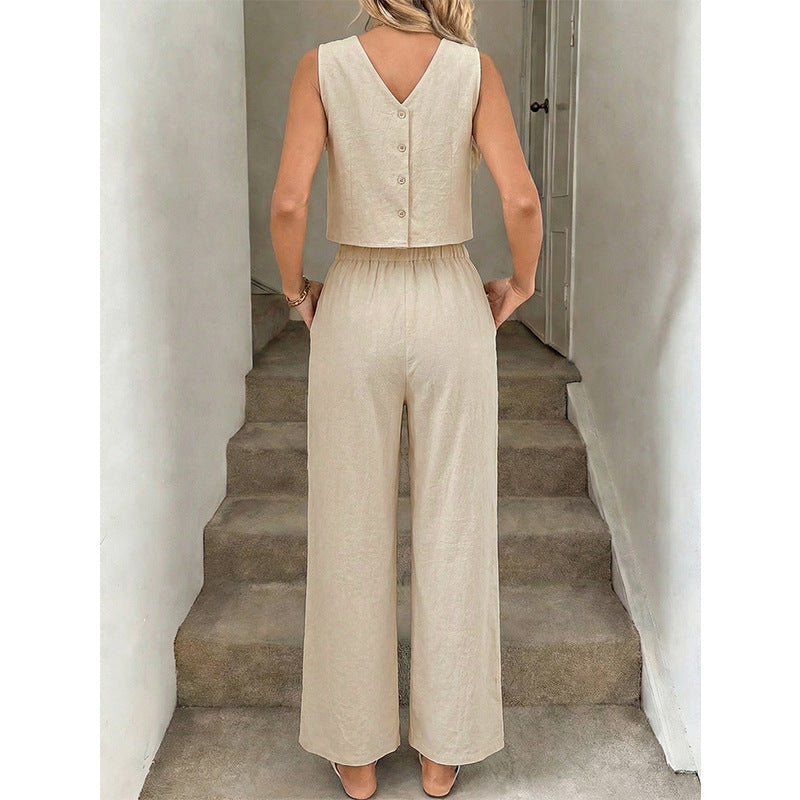Womens Crew-Neck Vest And Straight-Leg Pants Set