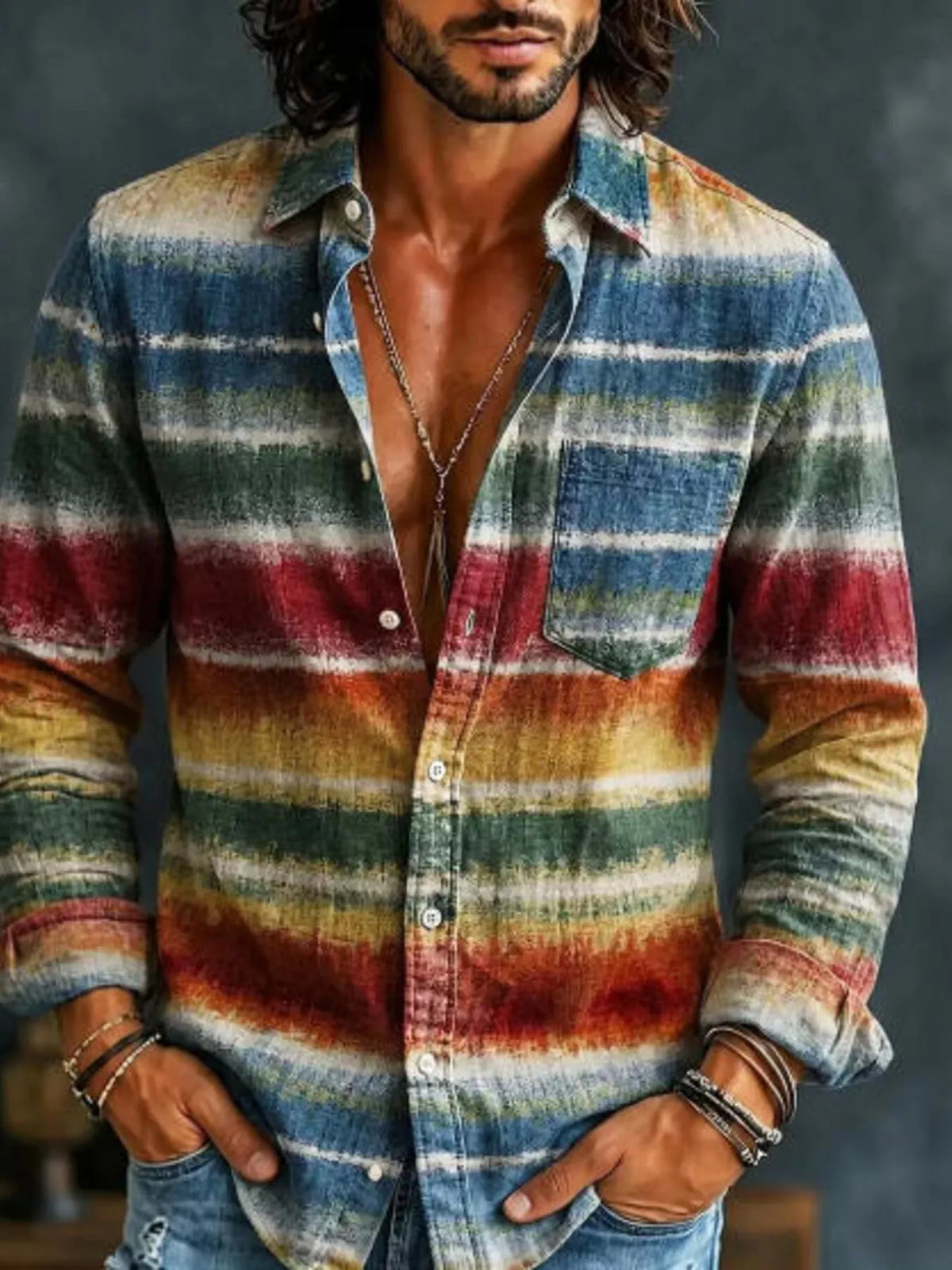 Men's Full Size Vintage Multi-Color Striped Long Sleeve Shirt Plus Size