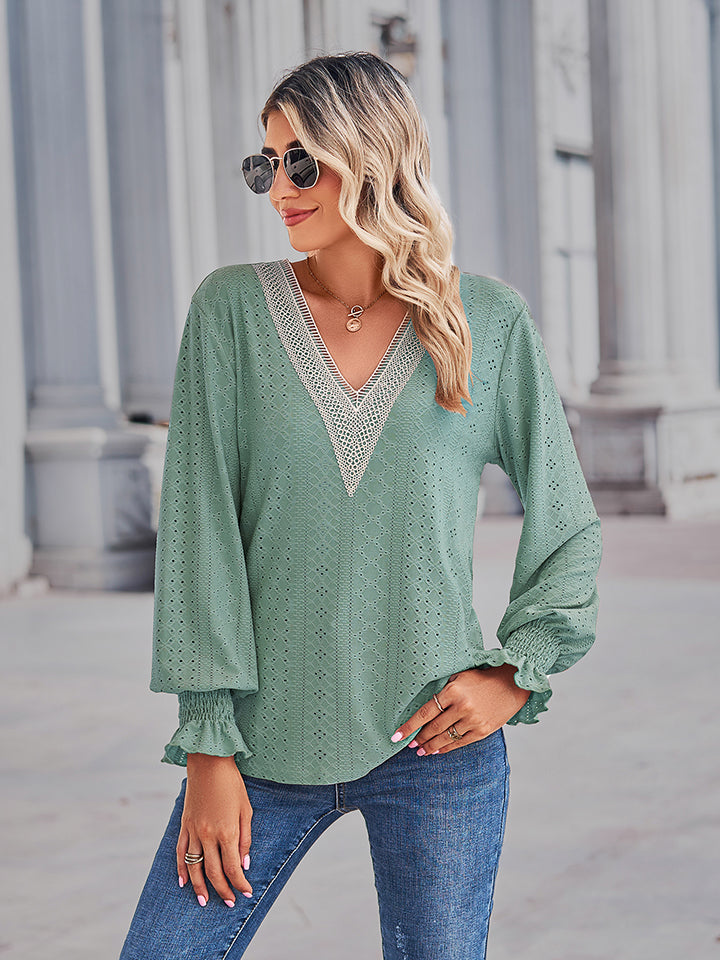 Women's V-Neck Eyelet Flounce Sleeve Blouse