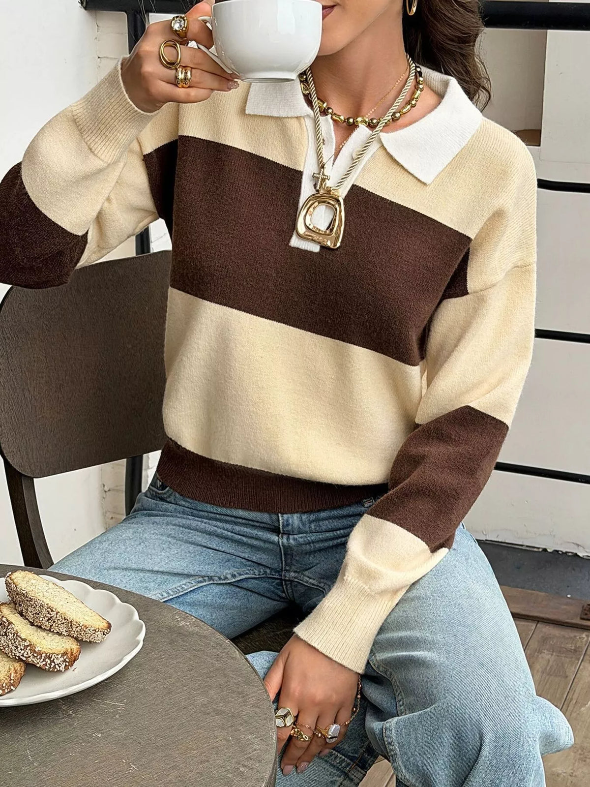 Women's Brown And Yellow Stripes Color Block Polo Collar Knit Sweater - Brown And Yellow Stripes