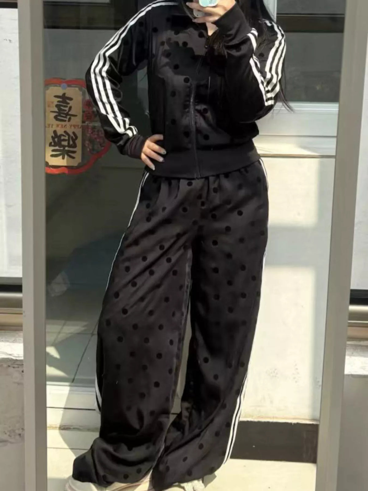 Women's Polka Dot Side Striped Outerwear and Pants Set