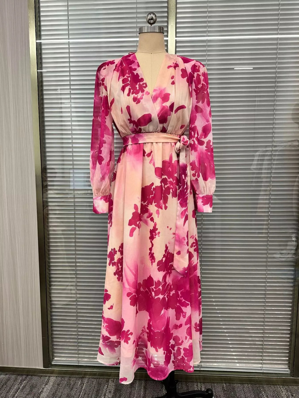 Women's Hot Pink Floral Print Maxi Dress with Waist-Tie Detail - Hot Pink