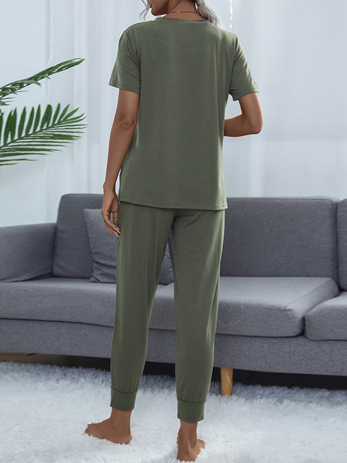 Women's Round Neck Short Sleeve Top and Pants Set