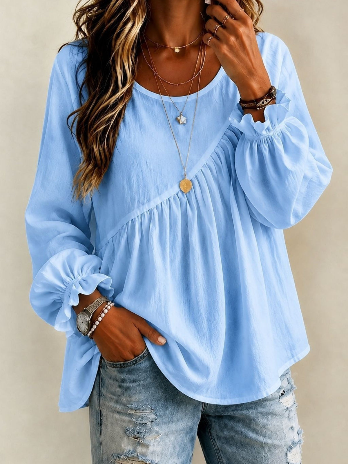 Women's 2026 New Cross-Border European And American Style Women's Solid Color Round Neck Long Sleeve Ruched Shirt Top, Casual Versatile Loose Fit - Sky blue