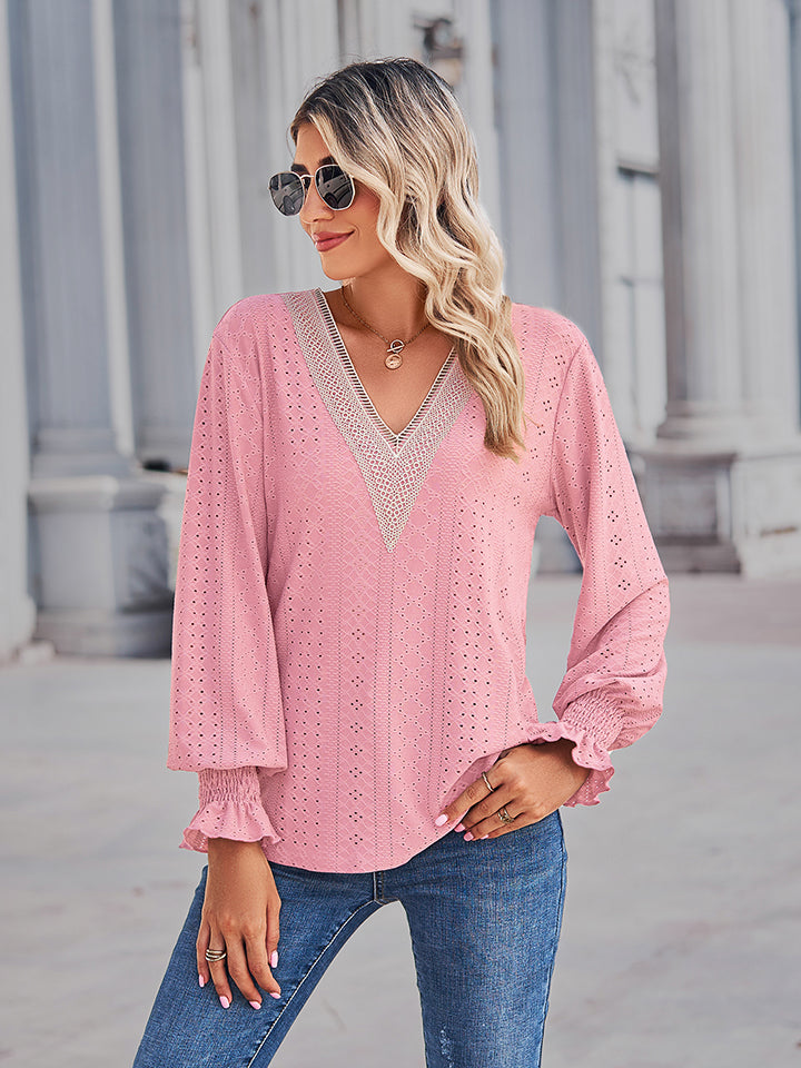 Women's V-Neck Eyelet Flounce Sleeve Blouse