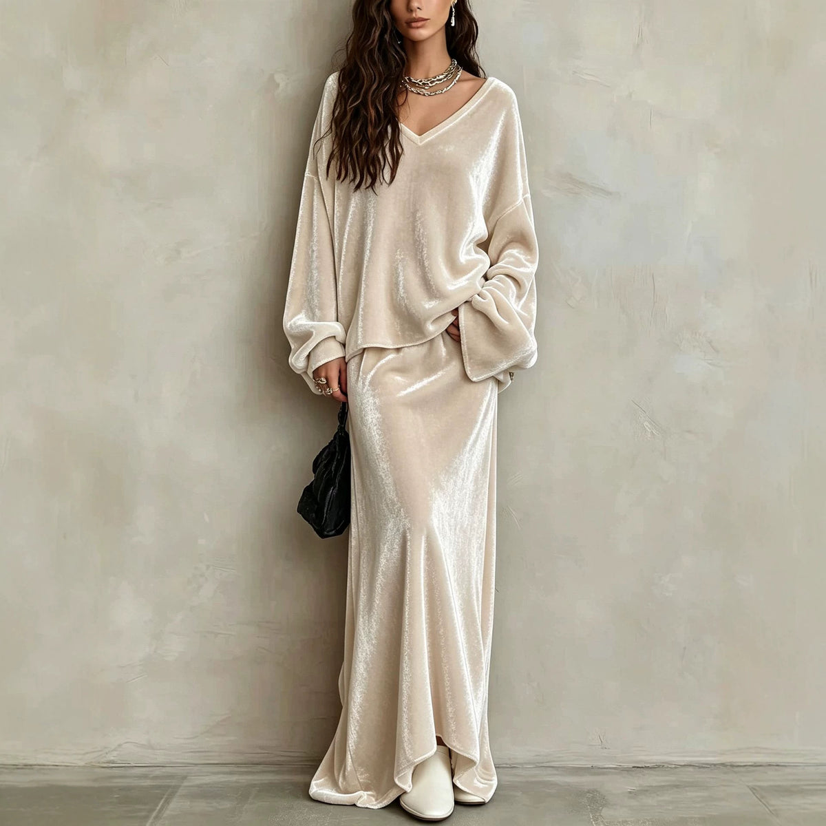 Velvet Loose-fit V-neck Long-sleeve Womens Set