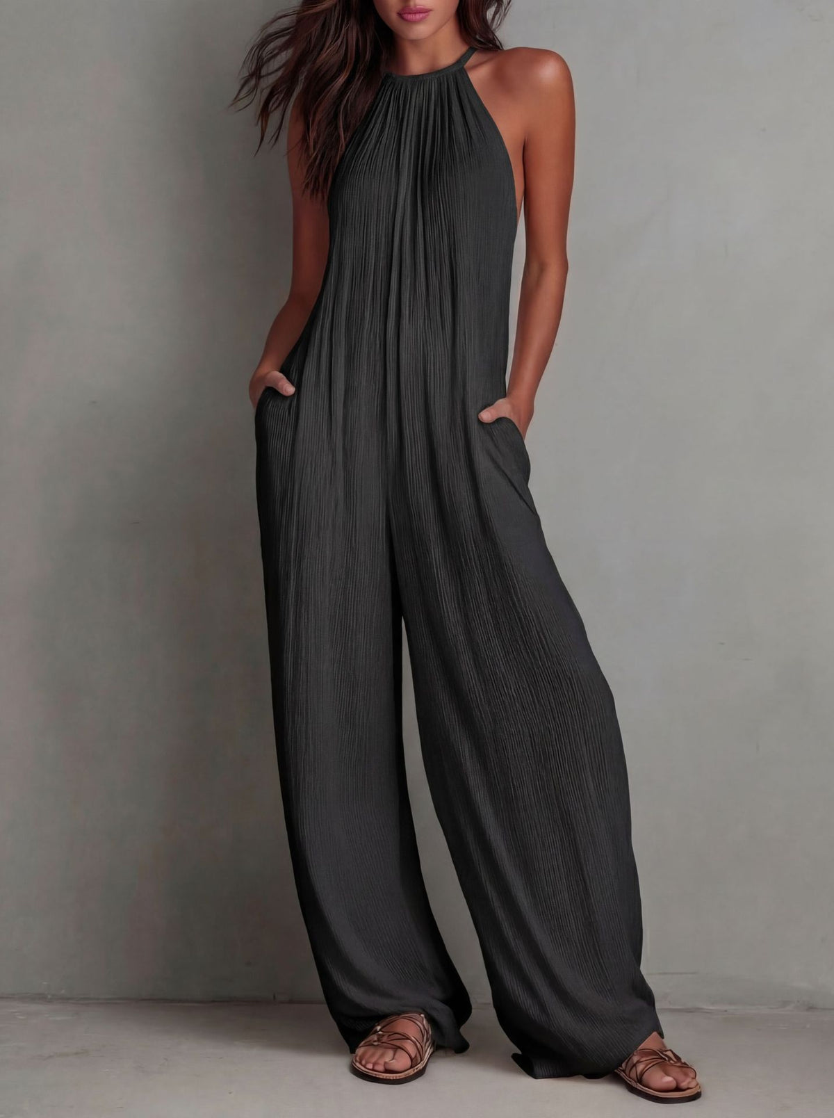 Women's Cross-Border Foreign Trade Women's Clothing European And American Style Halter Neck Sleeveless Vacation Style White Pleated Backless Wide-Leg Jumpsuit - Black