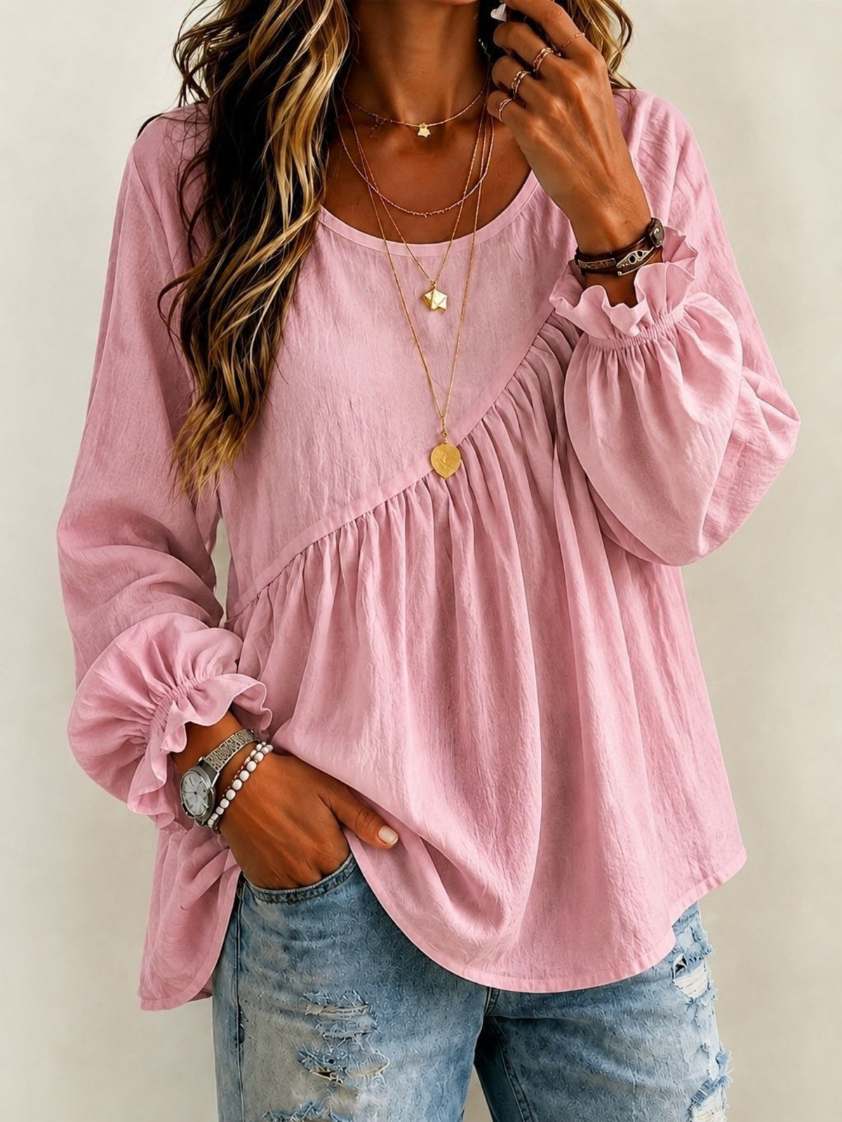 Women's 2026 New Cross-Border European And American Style Women's Solid Color Round Neck Long Sleeve Ruched Shirt Top, Casual Versatile Loose Fit - Pink