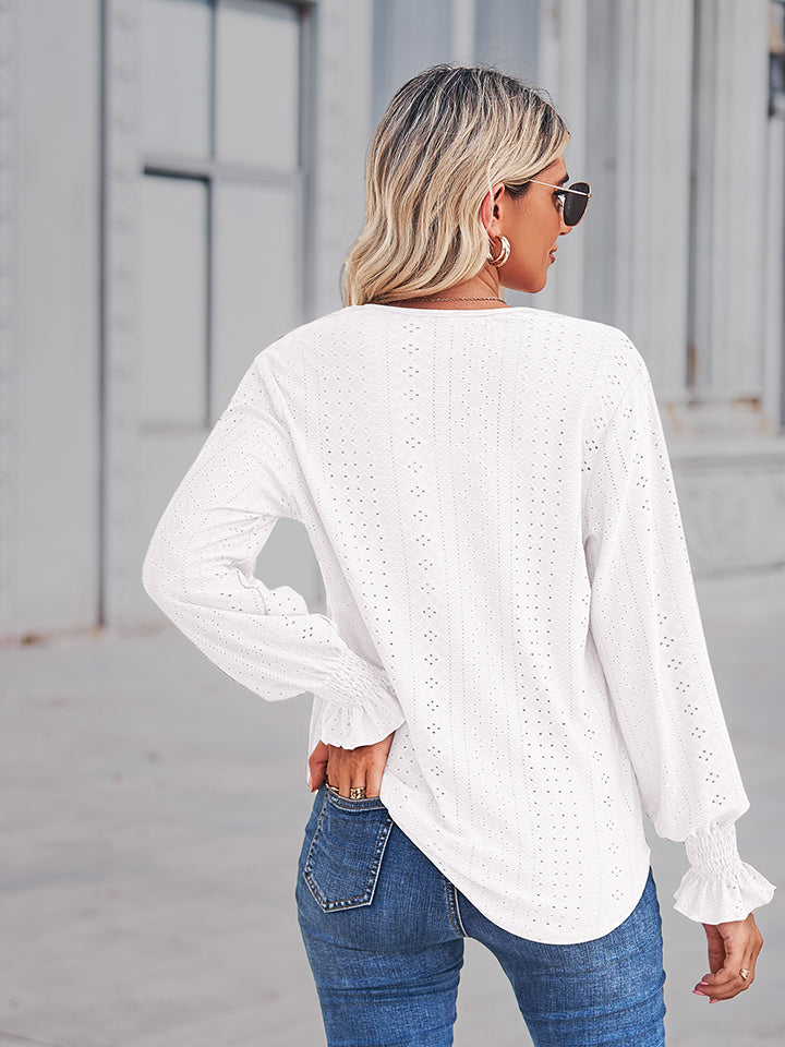 Women's V-Neck Eyelet Flounce Sleeve Blouse