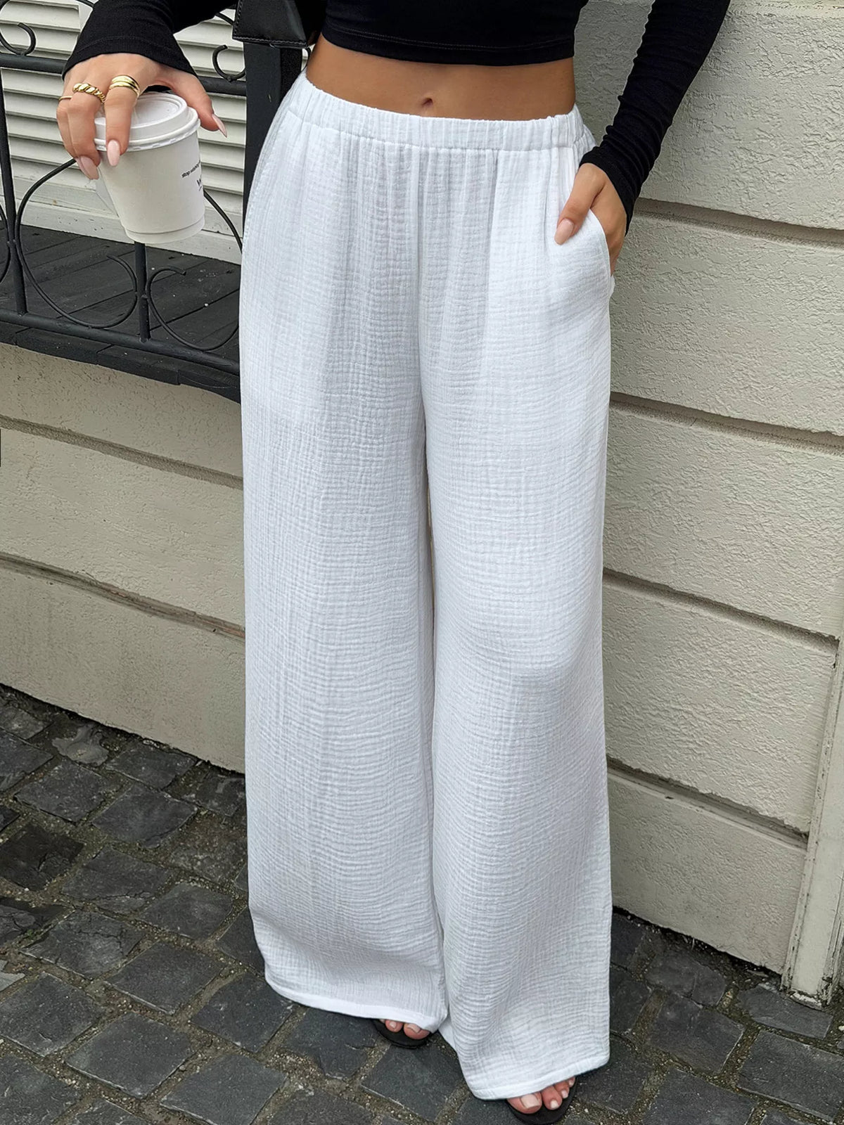 Women's White Textured Wide-Leg Casual Pants - White