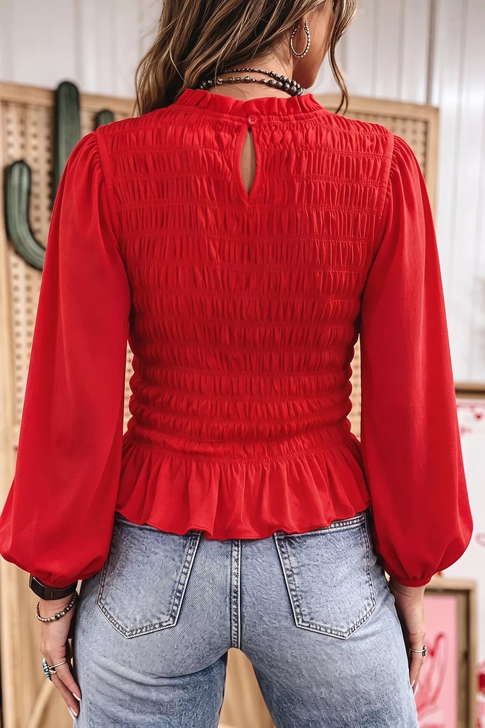 Women's Smocked Balloon Sleeves Peplum Blouse