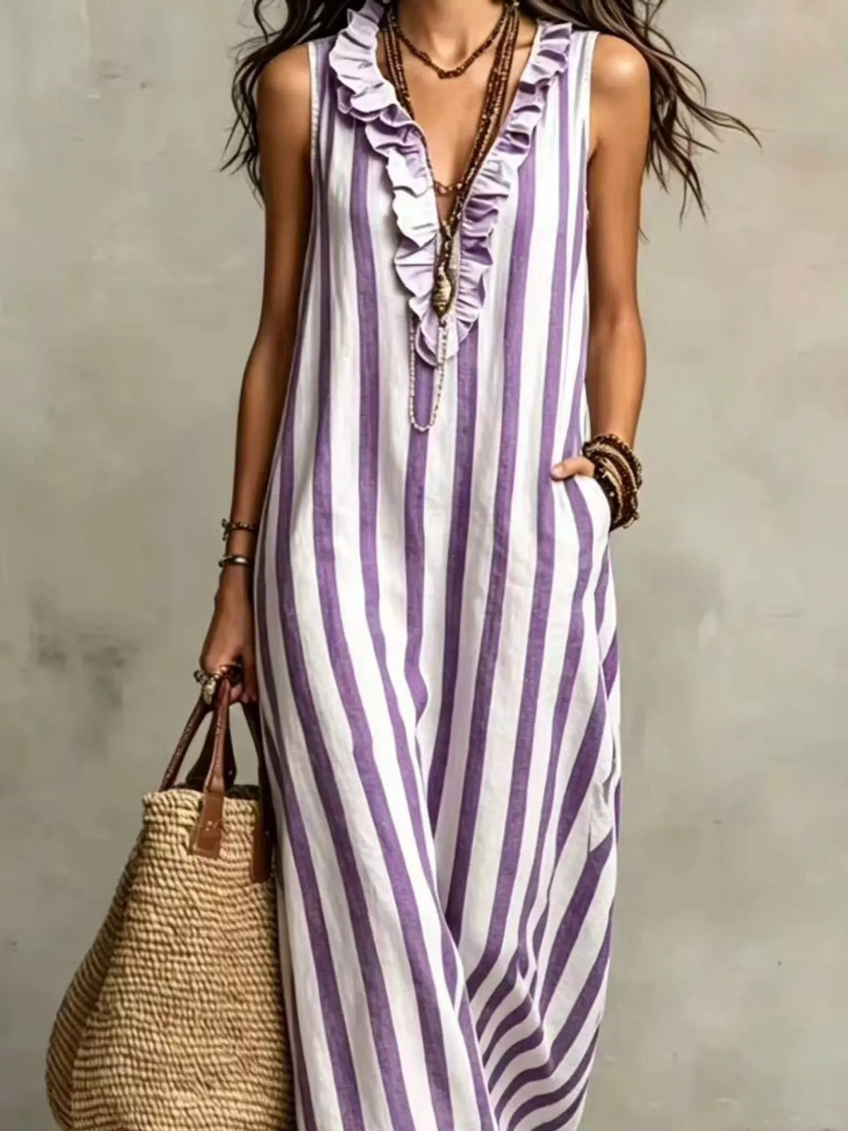 Full Size Sleeveless Striped Ruffle V-Neck Maxi Dress Plus Size