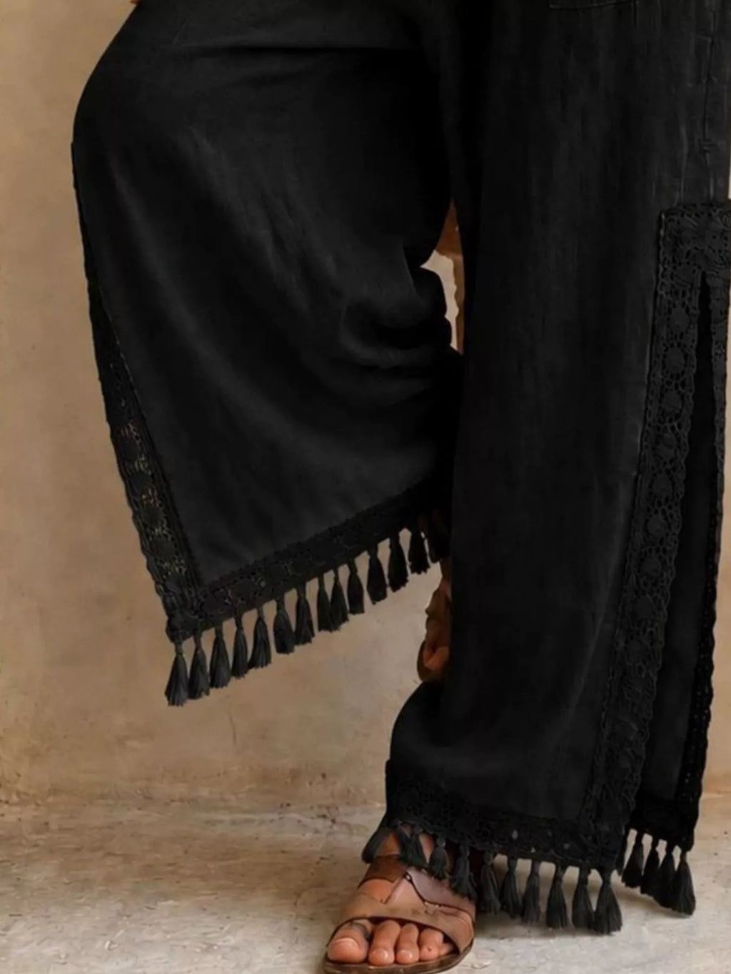 Lace Detail Slit Wide Leg Pants