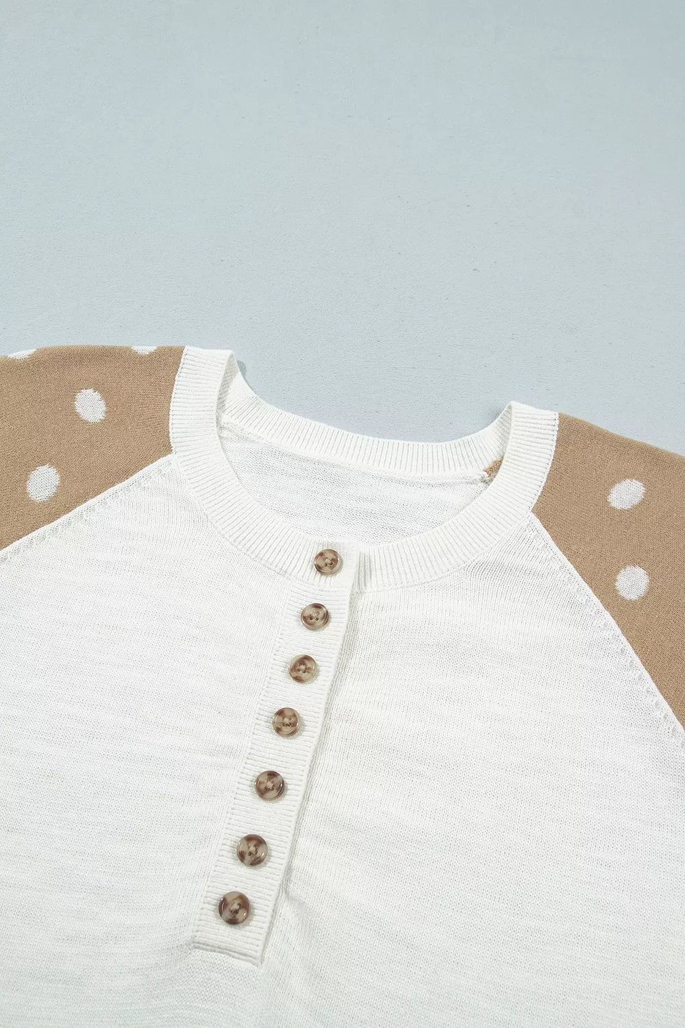 Women's White Polka Dot Contrast Long Sleeve Button V Neck Sweater - White