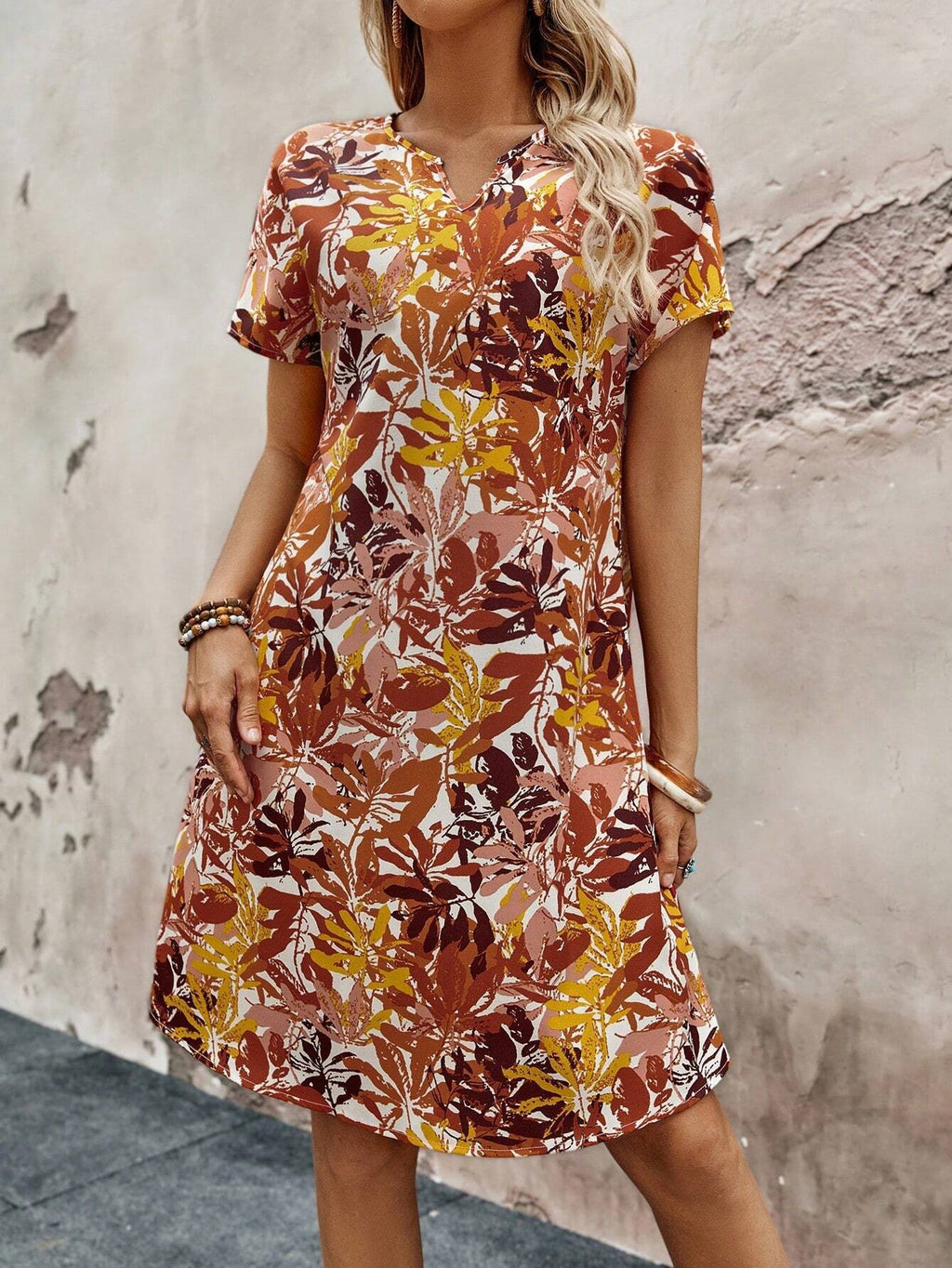 Hot Sale Dress Spring And Summer New Flower Printing Notch Neckline Dress