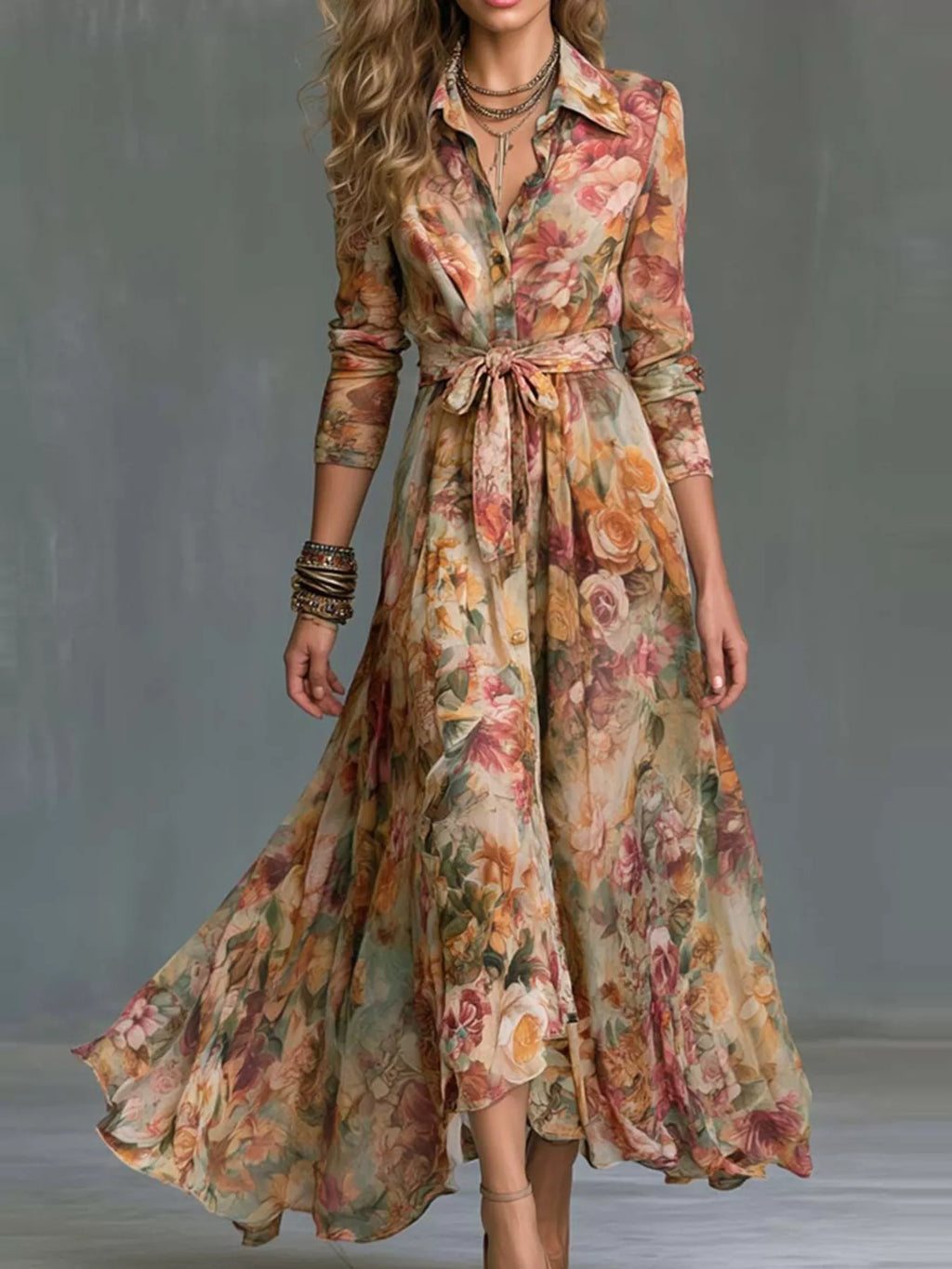 Women's Floral Print Long Sleeve Maxi Shirt Dress - Floral