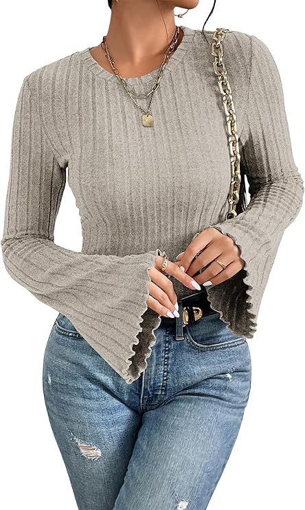 Ribbed, Brushed Crew-neck Long-sleeve Womens T-shirt