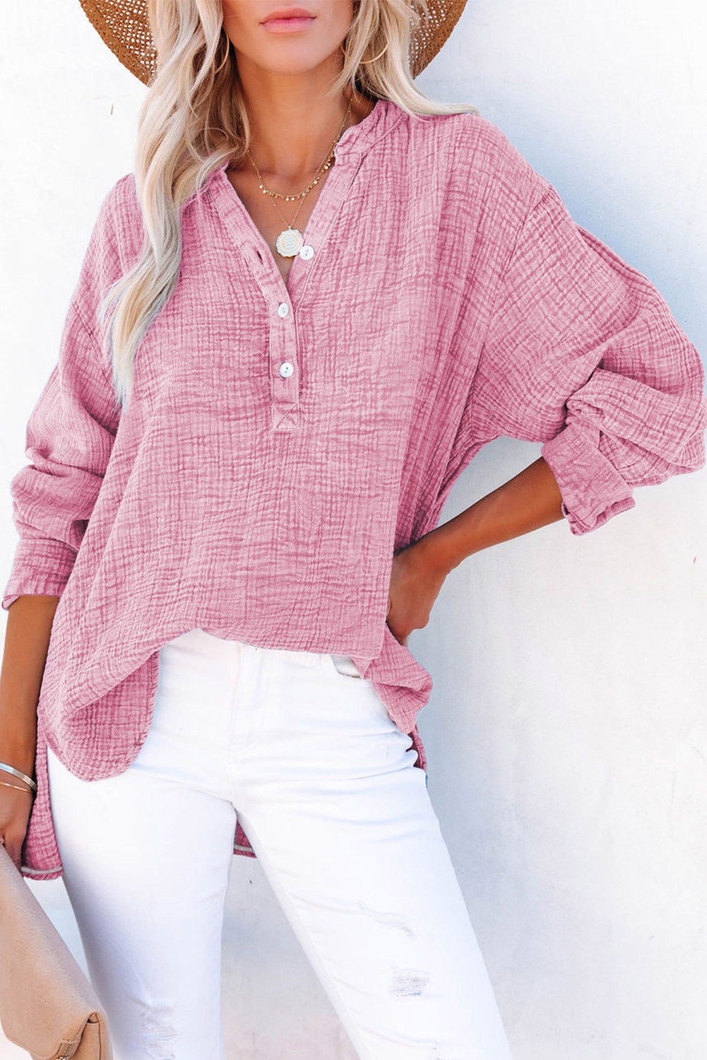 Women's Buttoned Long Sleeve Blouse - Dusty Pink