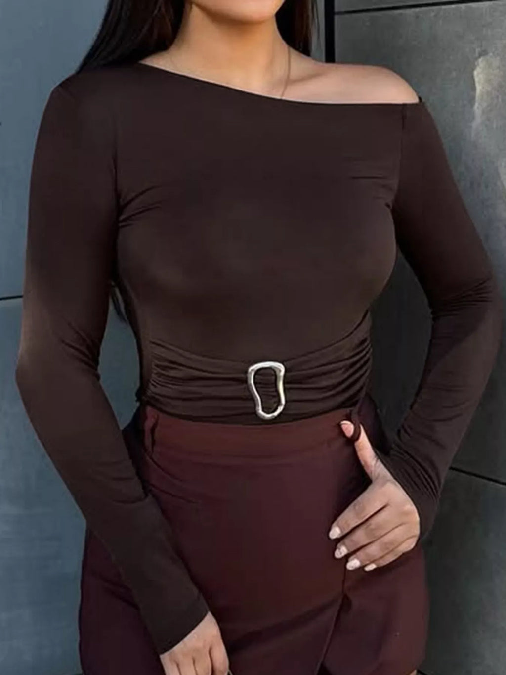 Women's Brown Asymmetrical One-Shoulder Long Sleeve T-Shirt with Metal Buckle Detail - Brown