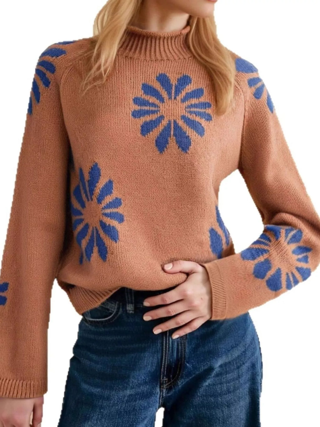Women's Caramel Flower Mock Neck Raglan Sleeve Sweater - Caramel