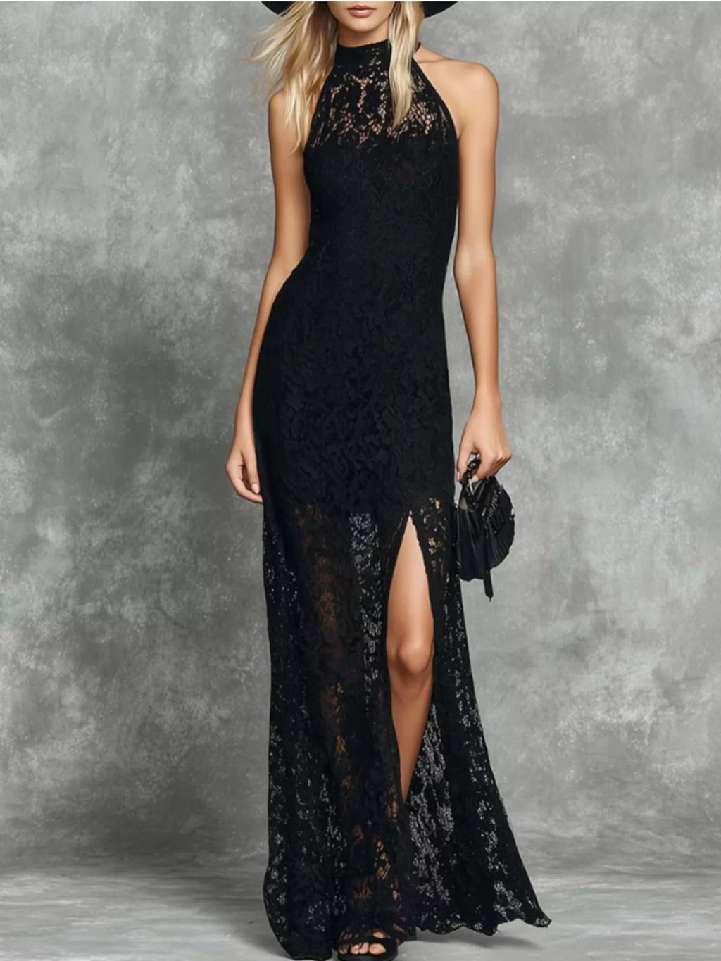 Women's Black Slit Lace Sleeveless Maxi Dress - Black