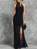 Women's Black Slit Lace Sleeveless Maxi Dress - Black