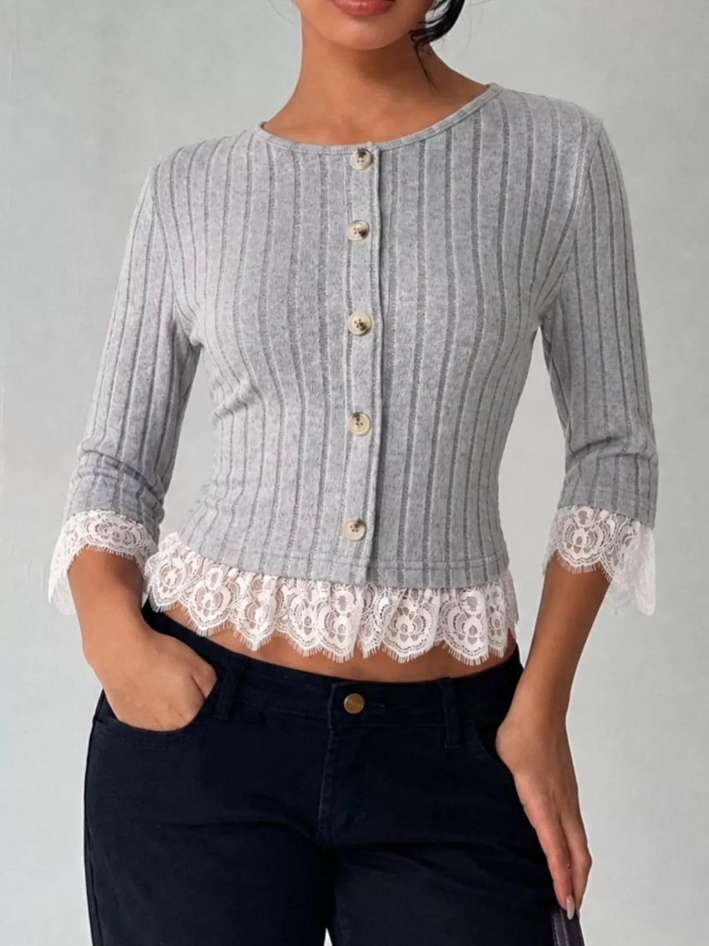 Women's Gray Lace Hem Ribbed Knit Button-Down Top - Gray