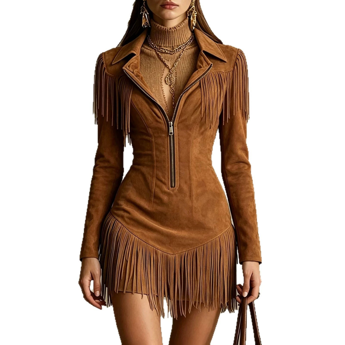 Women's Faux Suede Western Cowgirl Midi Dress, Lapel Half Zip Long Sleeve Fringe Slim Bodycon Party Dress - Brown