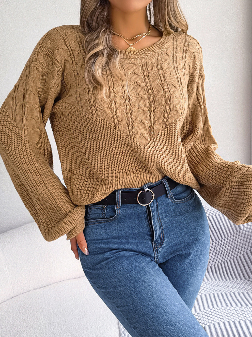 Women's Cable-Knit Round Neck Drop Shoulder Sweater