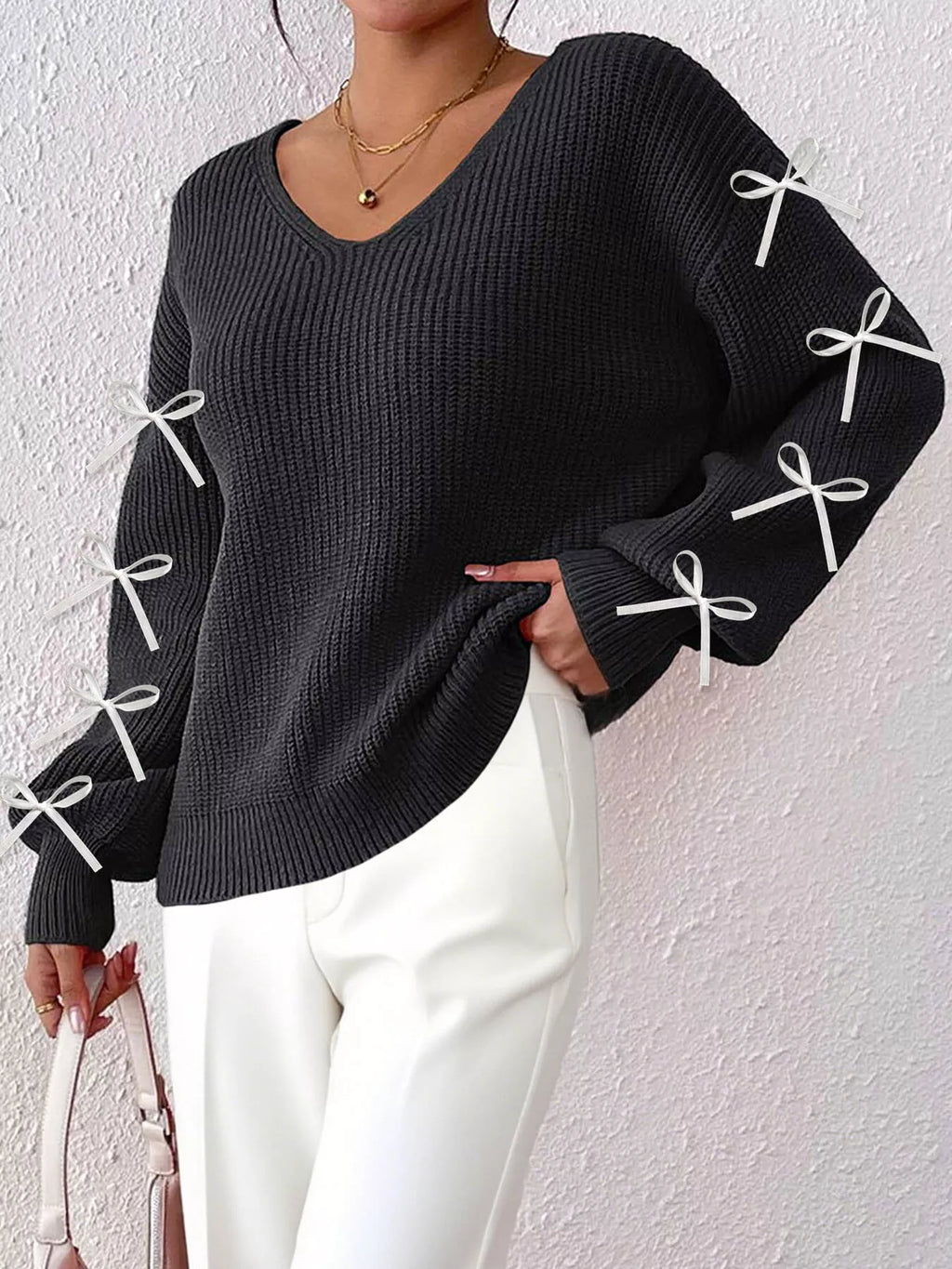 Women's Bow-Tie Sleeve V-Neck Sweater