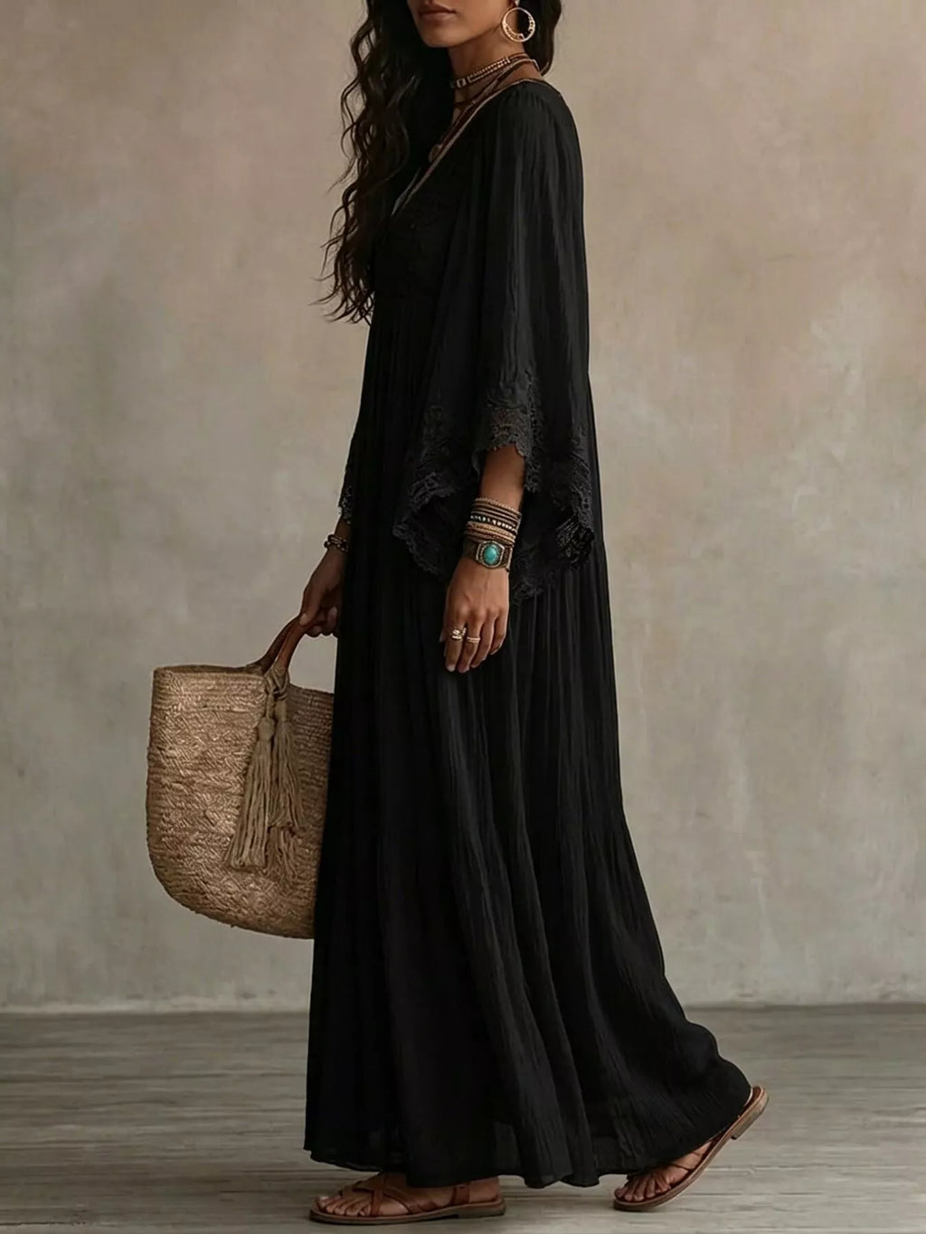Women's Lace Trim V-Neck Maxi Dress