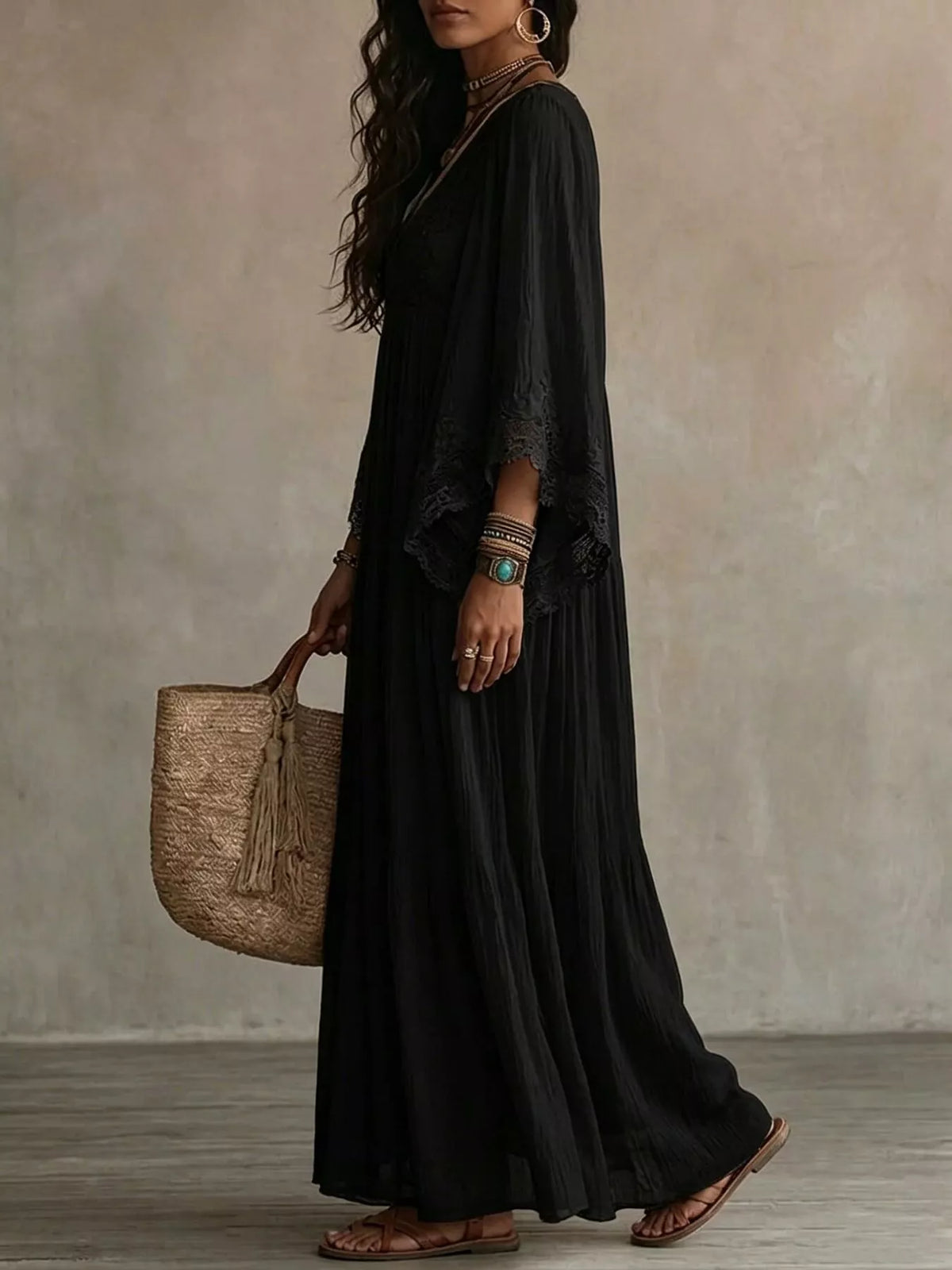 Women's Lace Trim V-Neck Maxi Dress