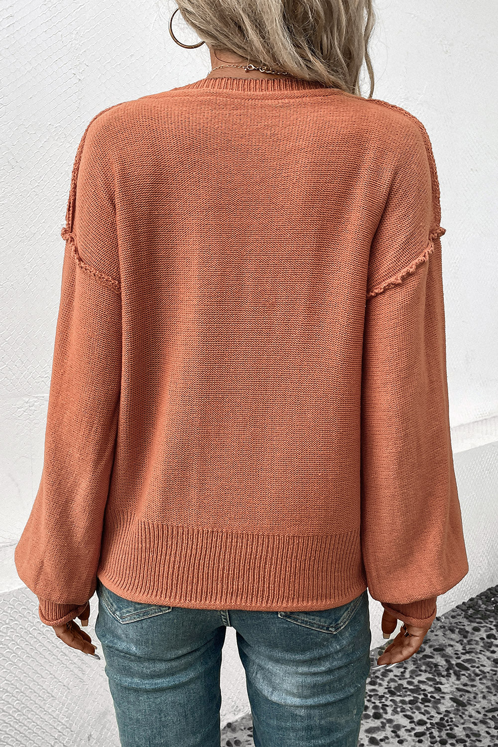 Women's Pumpkin V-Neck Exposed Seam Sweater - Pumpkin