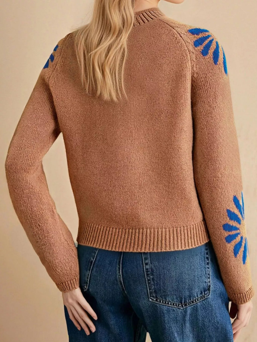 Women's Caramel Flower Mock Neck Raglan Sleeve Sweater - Caramel