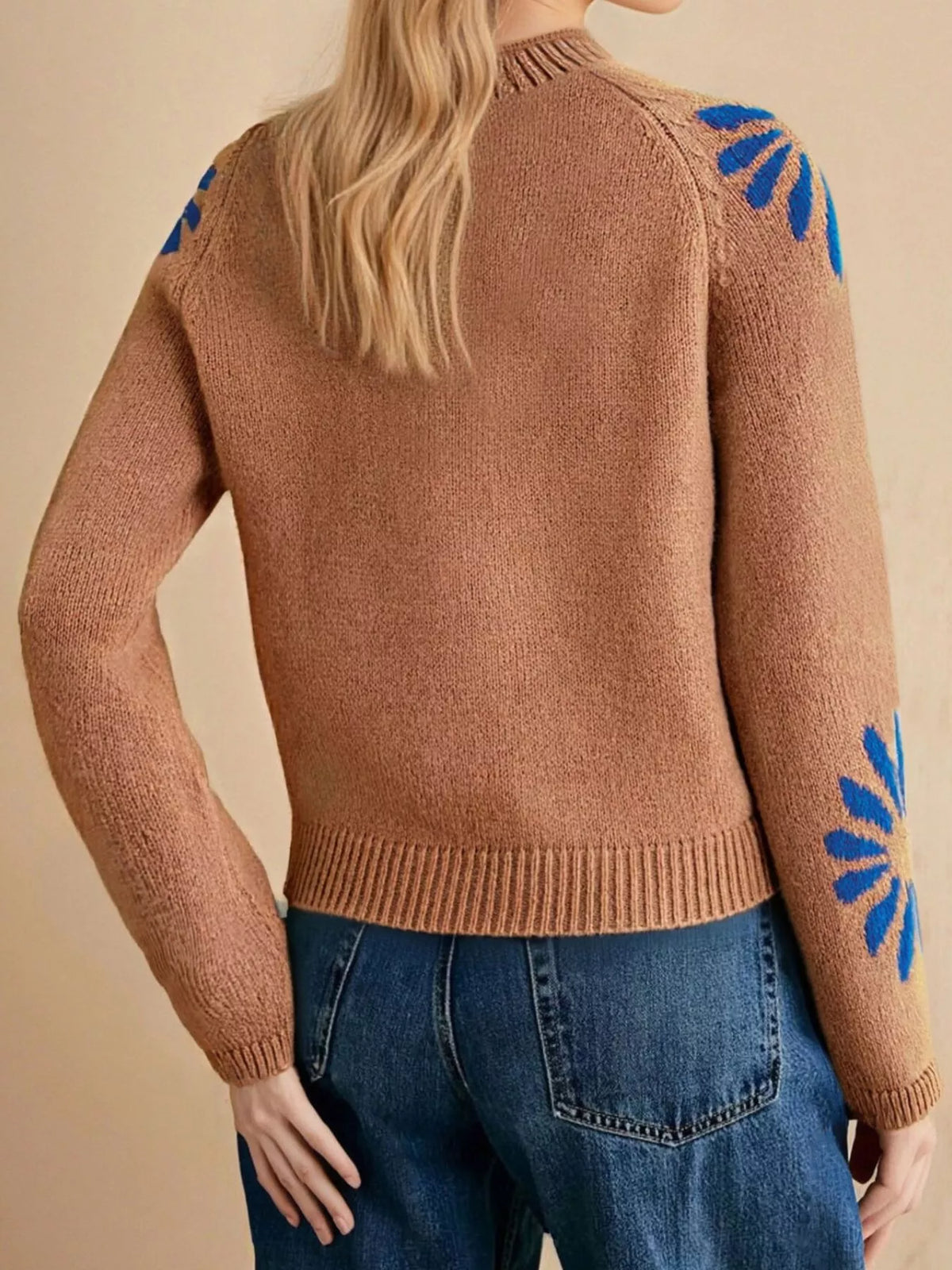 Women's Caramel Flower Mock Neck Raglan Sleeve Sweater - Caramel