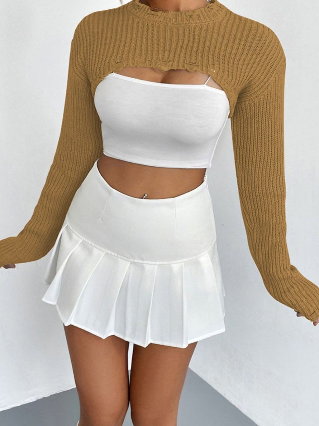 Women's Distressed Long Sleeve Cropped Sweater