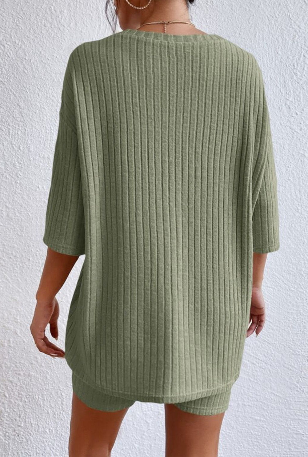 Women's Round Neck Ribbed Top and Shorts Lounge Set
