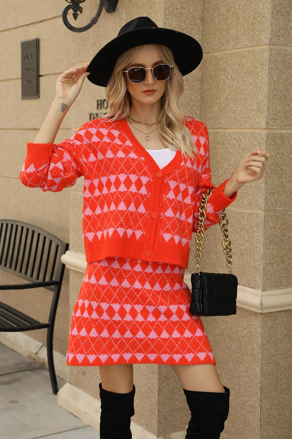 Women's Geometric Button Front Cardigan and Skirt Set