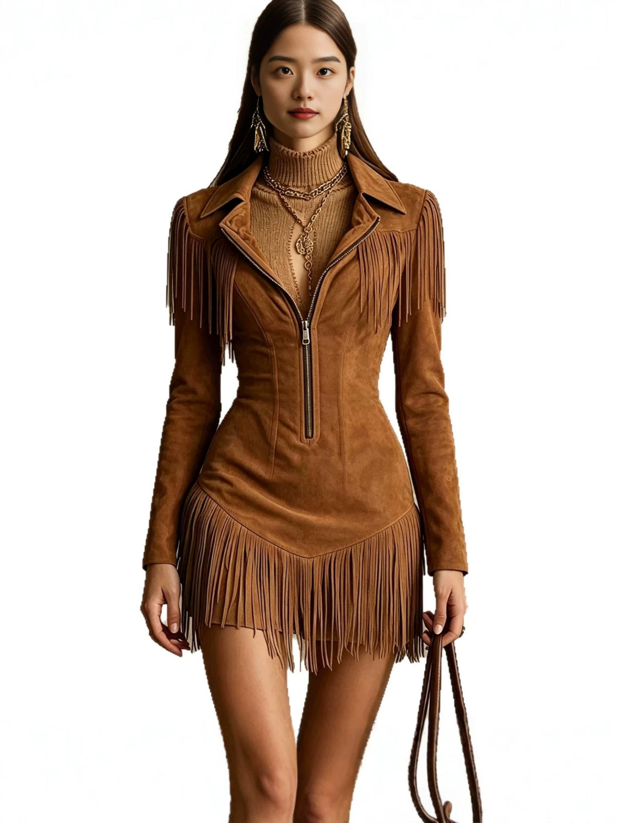 Women's Faux Suede Western Cowgirl Midi Dress, Lapel Half Zip Long Sleeve Fringe Slim Bodycon Party Dress