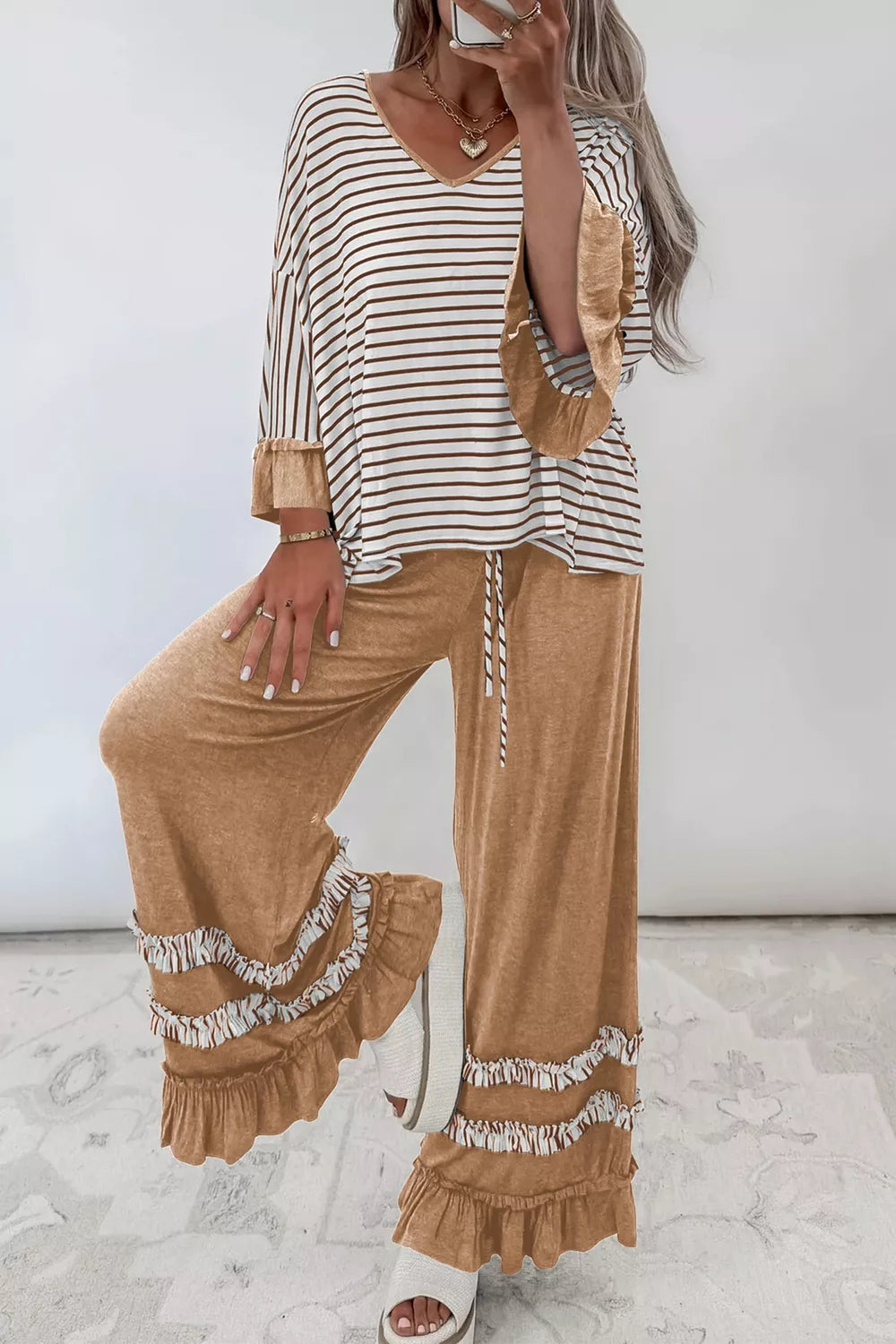 Women's Camel Stripe V Neck Ruffle Contrast Sleeve Top Drawstring Pants 2pcs Set - Camel
