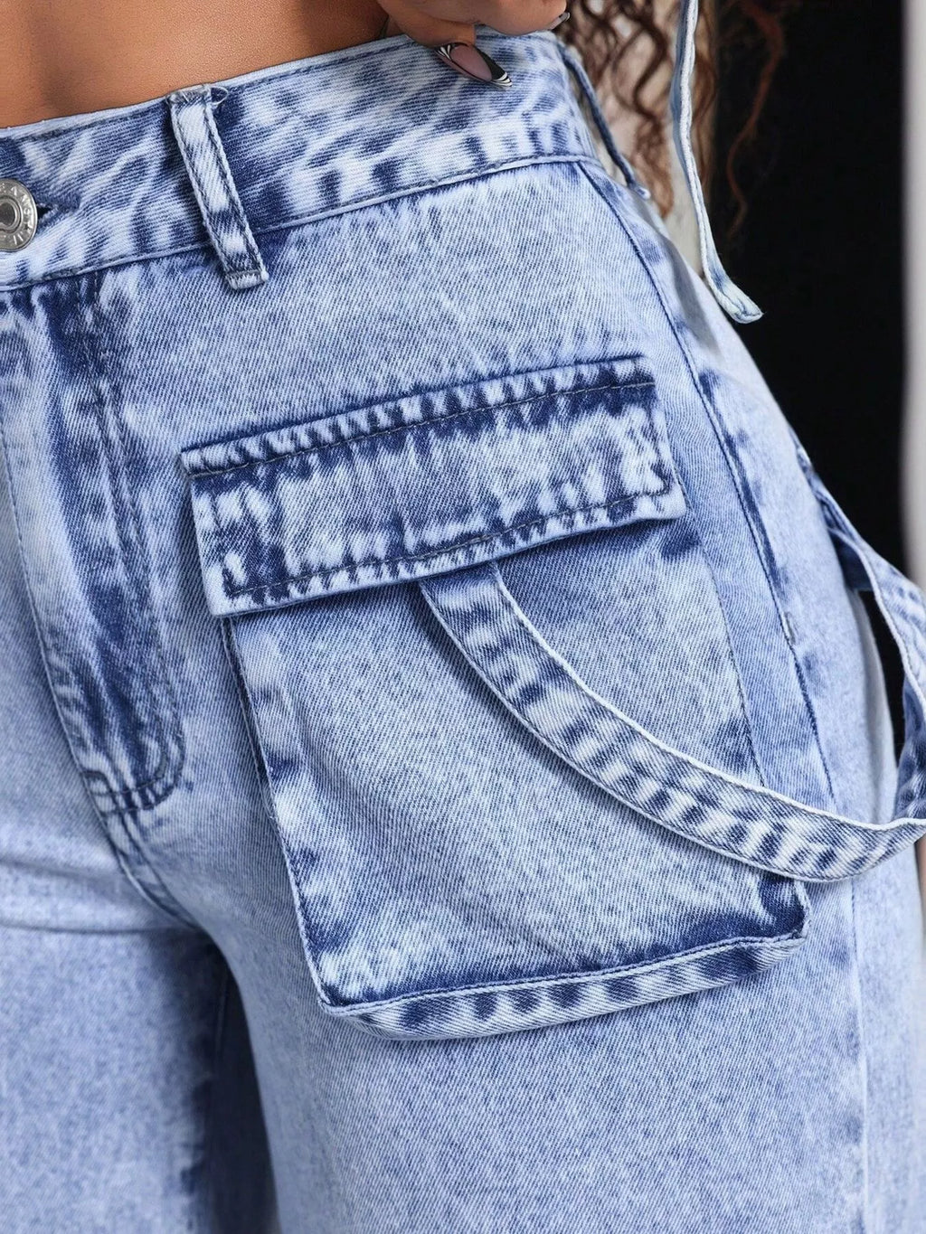 Women's Blue High-Waisted Wide-Leg Cargo Jeans - Blue