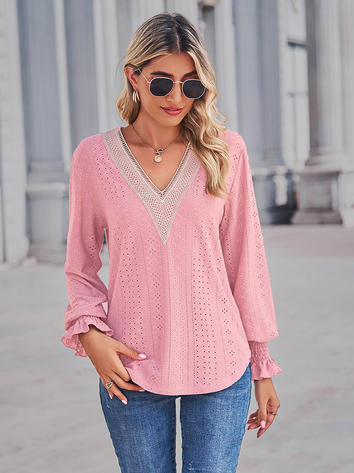 Women's V-Neck Eyelet Flounce Sleeve Blouse