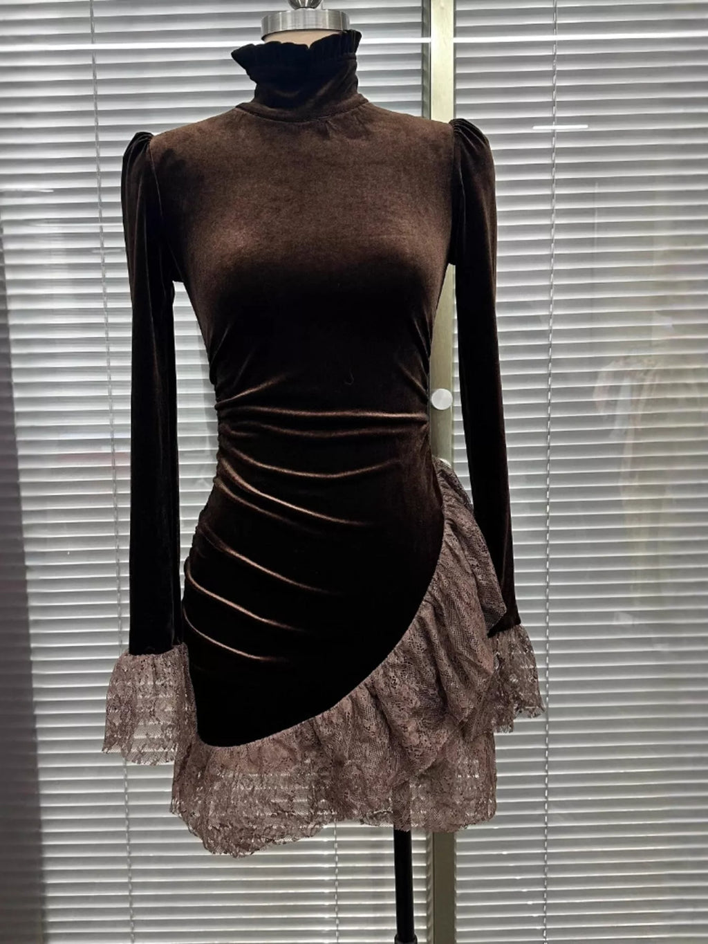 Women's Brown Velvet Mock Neck Mini Dress with Lace Ruffle Trim - Brown
