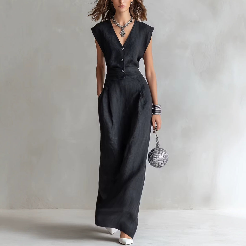 V-neck Sleeveless Cotton-linen Blend Single-breasted Dress