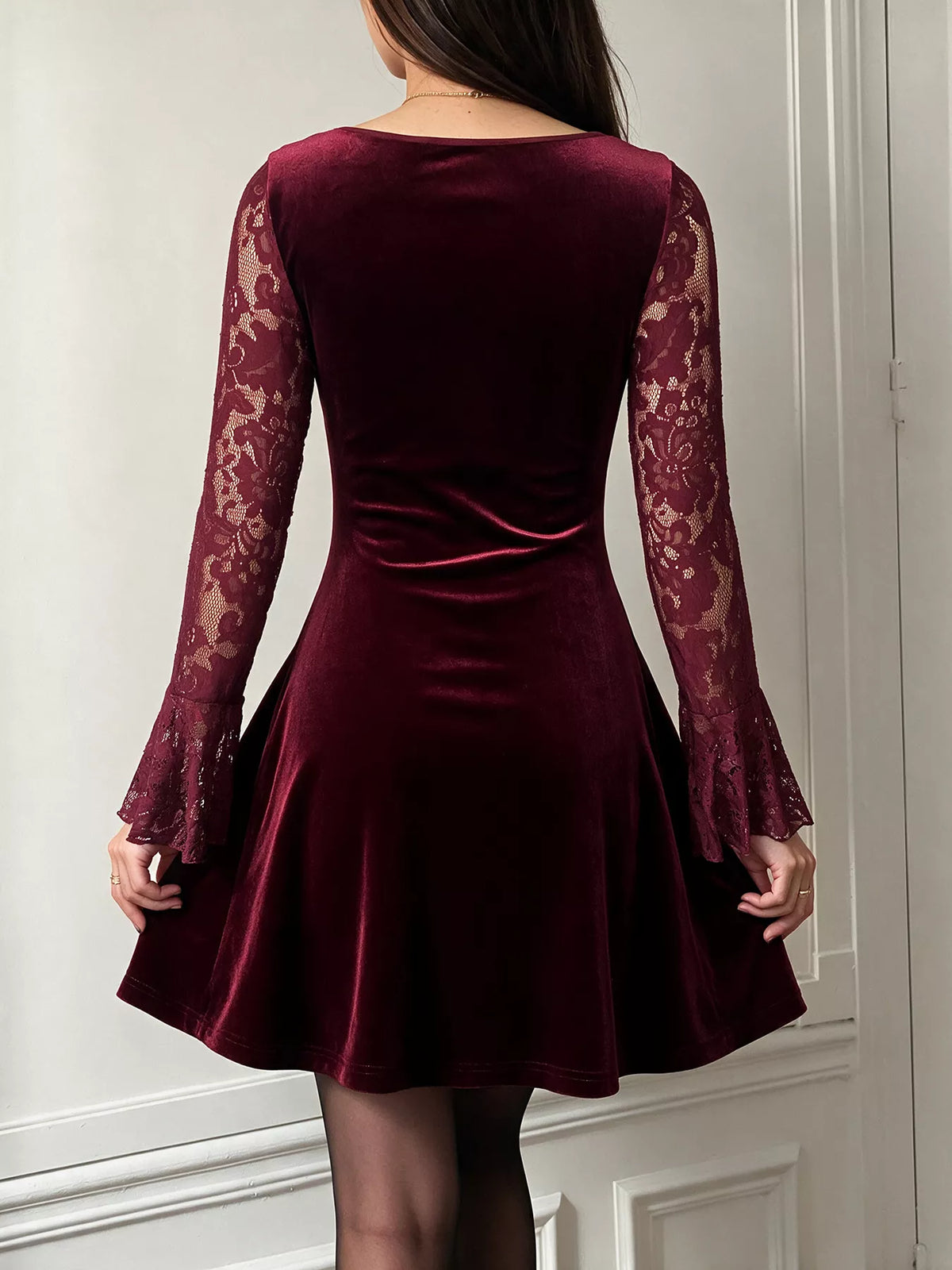 Women's Burgundy Lace Flare Sleeve Mini Dress - Burgundy