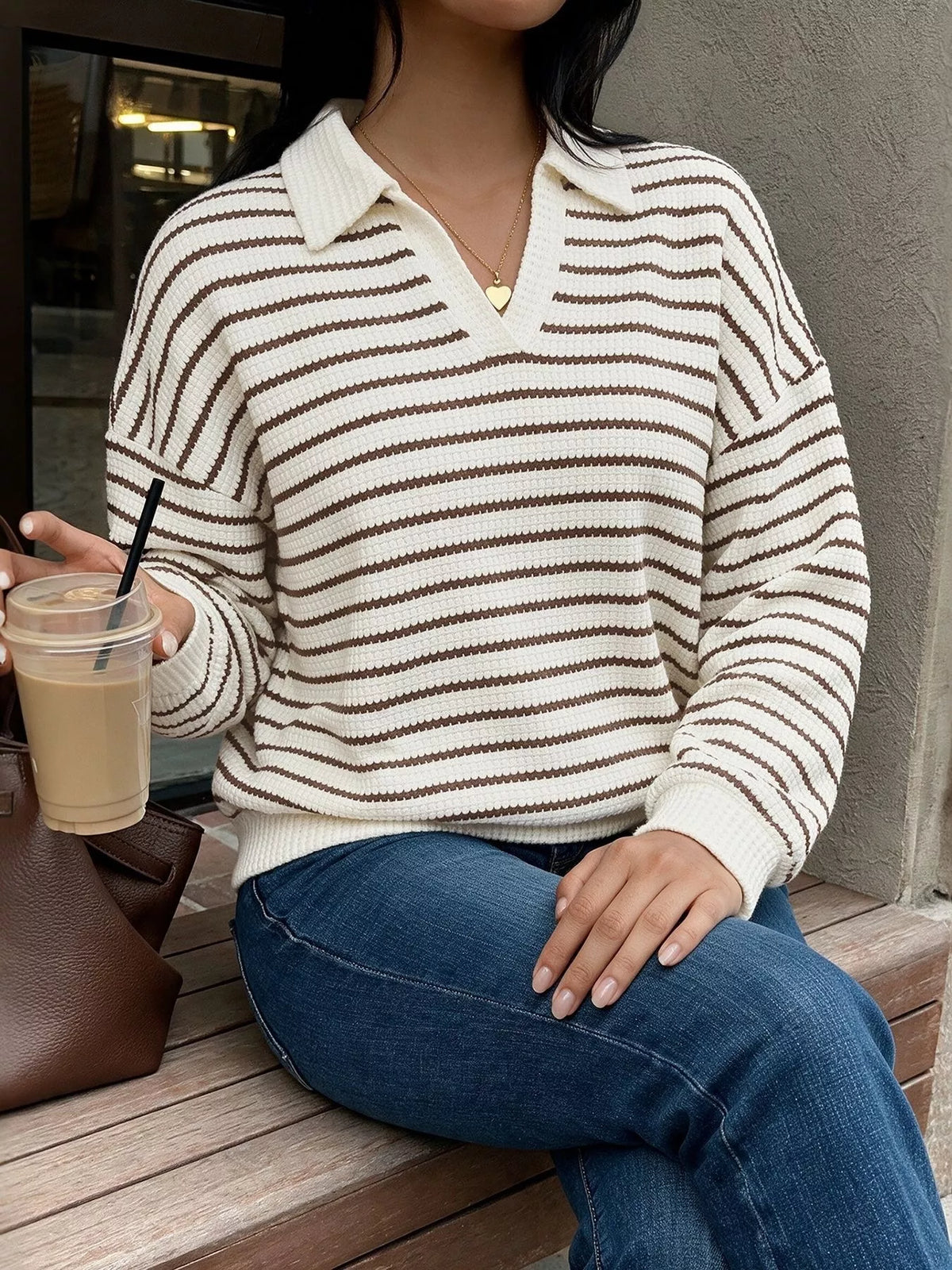 Striped Polo Collar Knit Sweatshirt
